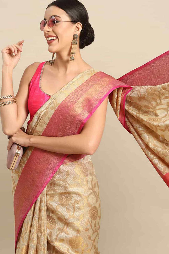 Buy Beige Tusser Art Silk Floral Printed Banarasi One Minute Saree Online 
