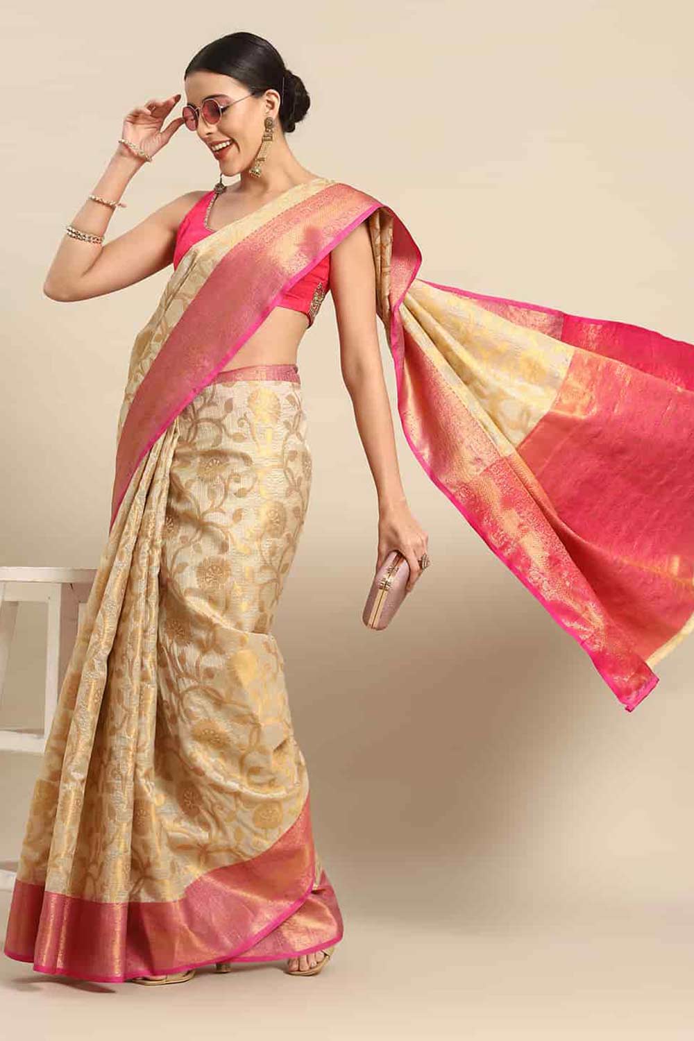 Buy Beige Tusser Art Silk Floral Printed Banarasi Saree Online - Front 