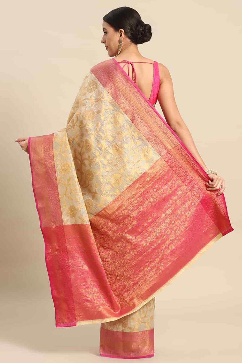 Buy Beige Tusser Art Silk Floral Printed Banarasi Saree Online - Back 