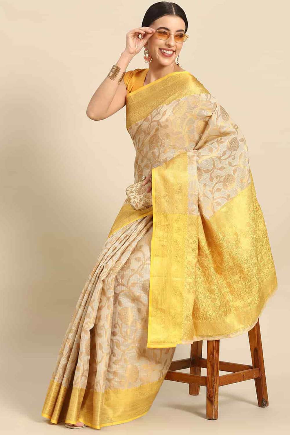 Buy Beige Tusser Art Silk Floral Printed Banarasi Saree Online - Front 