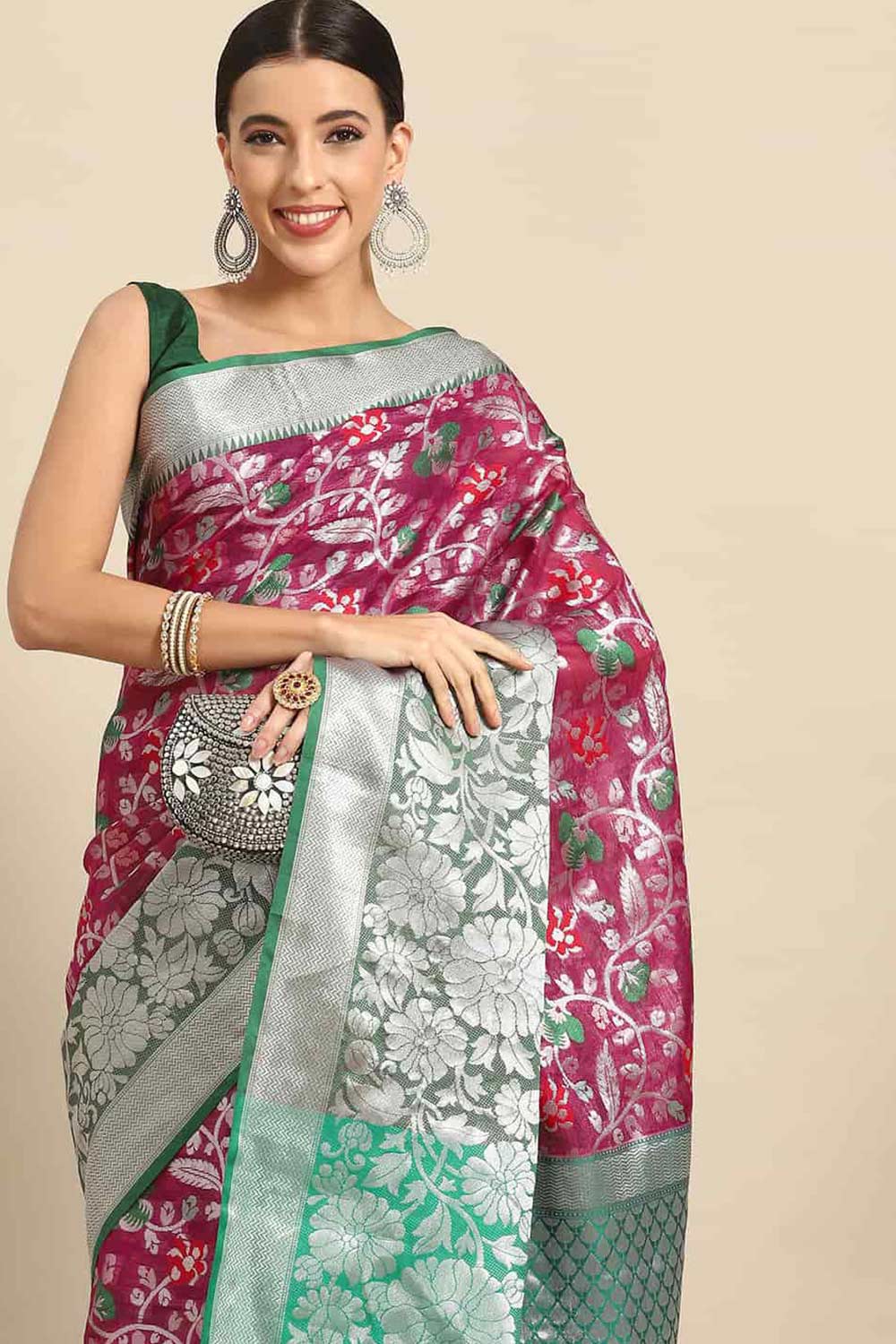 Buy Pink Art Silk Floral Printed Banarasi One Minute Saree Online 