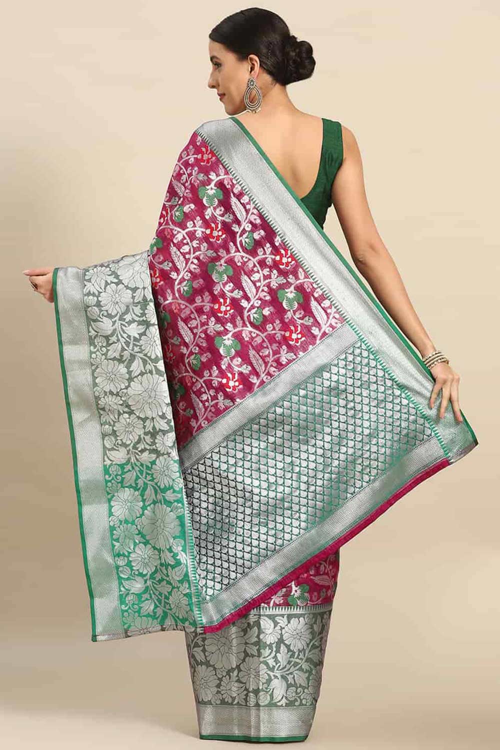 Buy Pink Art Silk Floral Printed Banarasi Saree Online - Back 