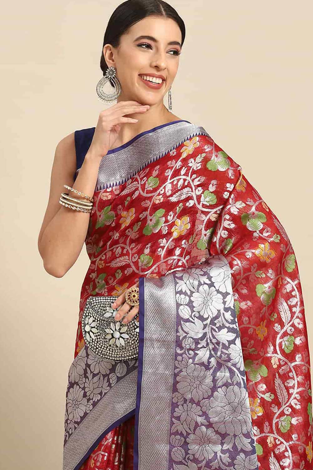 Buy Red Art Silk Floral Printed Banarasi One Minute Saree Online 