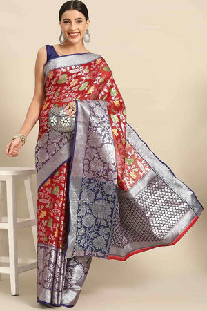 Buy Red Art Silk Floral Printed Banarasi Saree Online - Front 