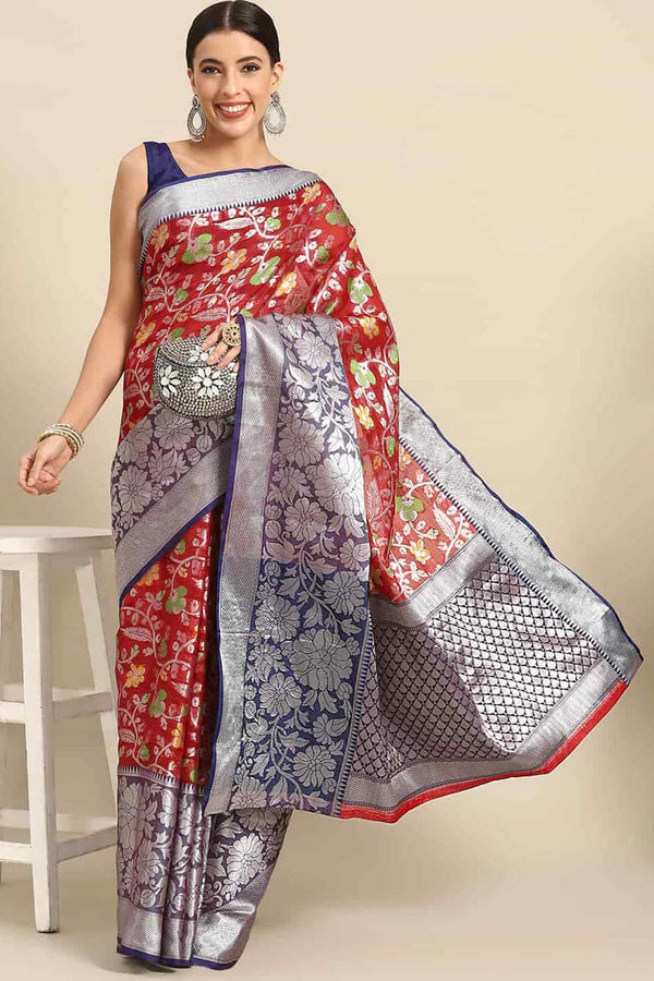 Buy Red Art Silk Floral Printed Banarasi Saree Online - Front 