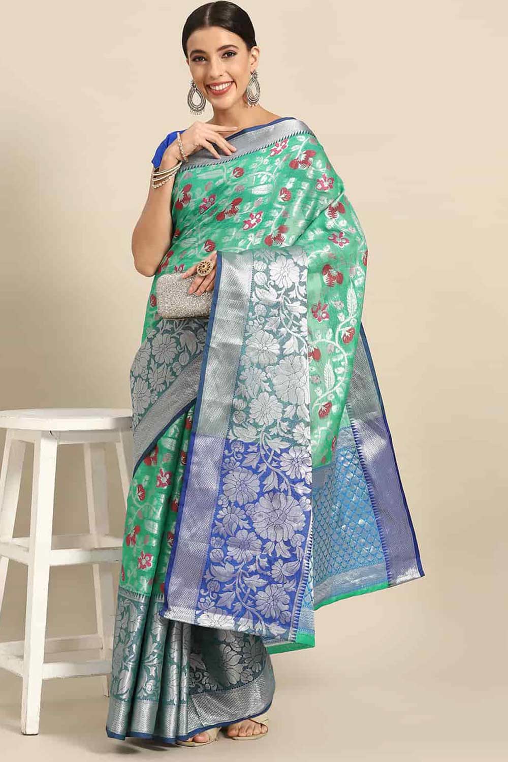 Buy Teal Art Silk Floral Printed Banarasi Saree Online - Front 