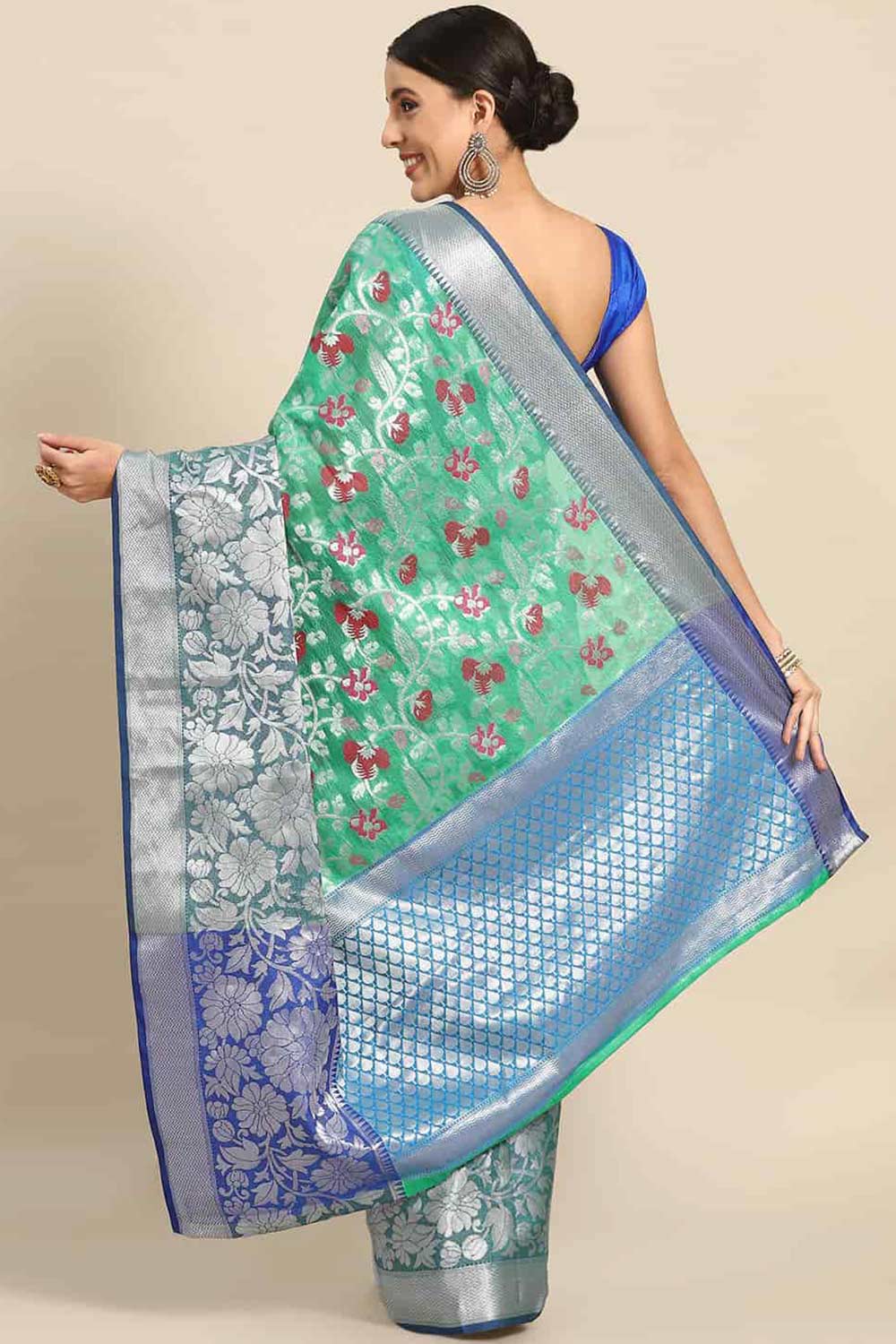 Buy Teal Art Silk Floral Printed Banarasi Saree Online - Back 
