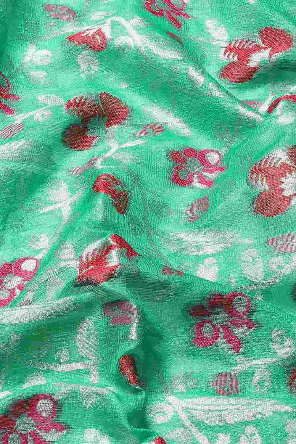 Buy Teal Art Silk Floral Printed Banarasi Saree Online - Side 