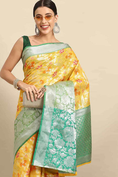 Buy Yellow Art Silk Floral Printed Banarasi One Minute Saree Online 