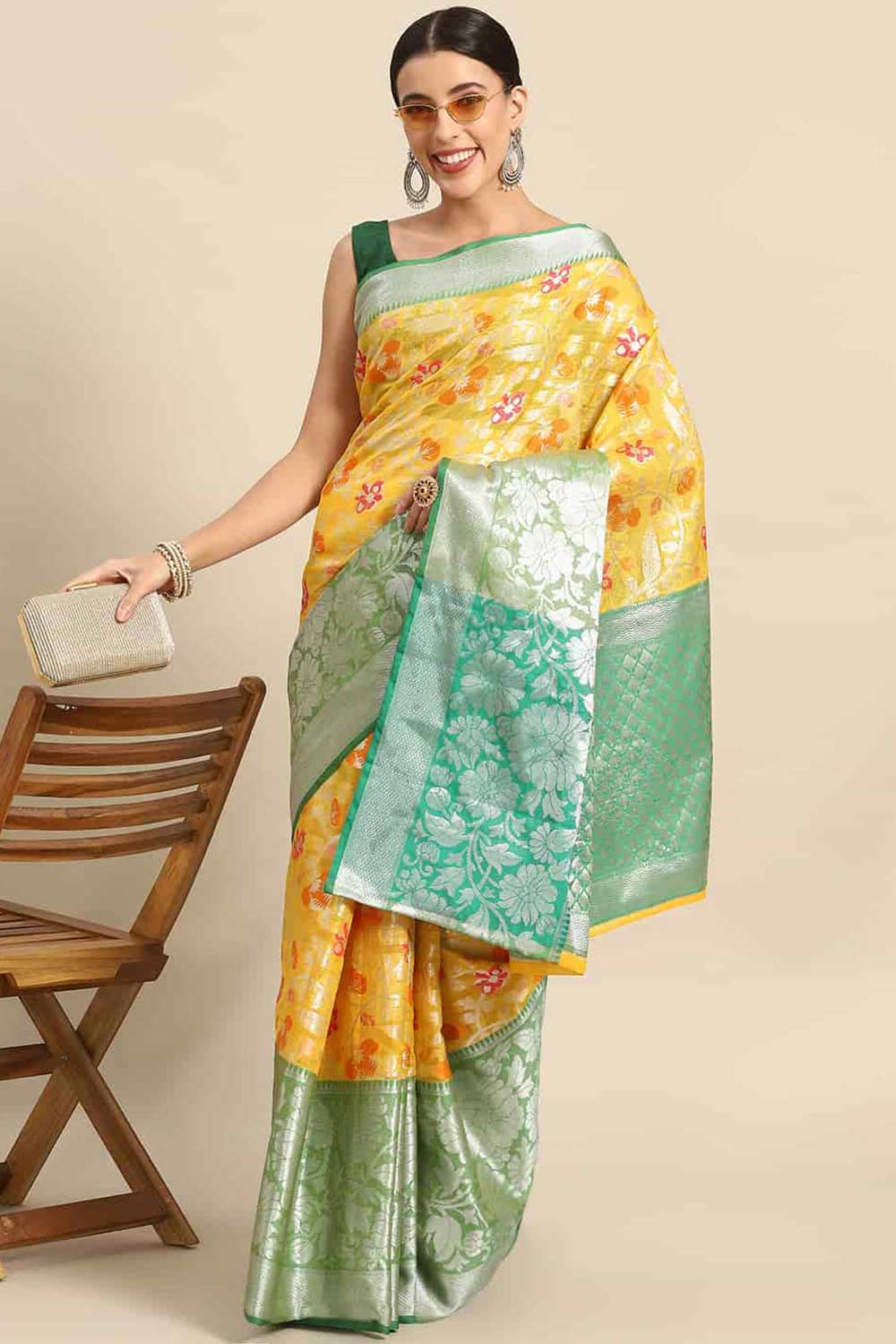 Buy Yellow Art Silk Floral Printed Banarasi Saree Online - Front 