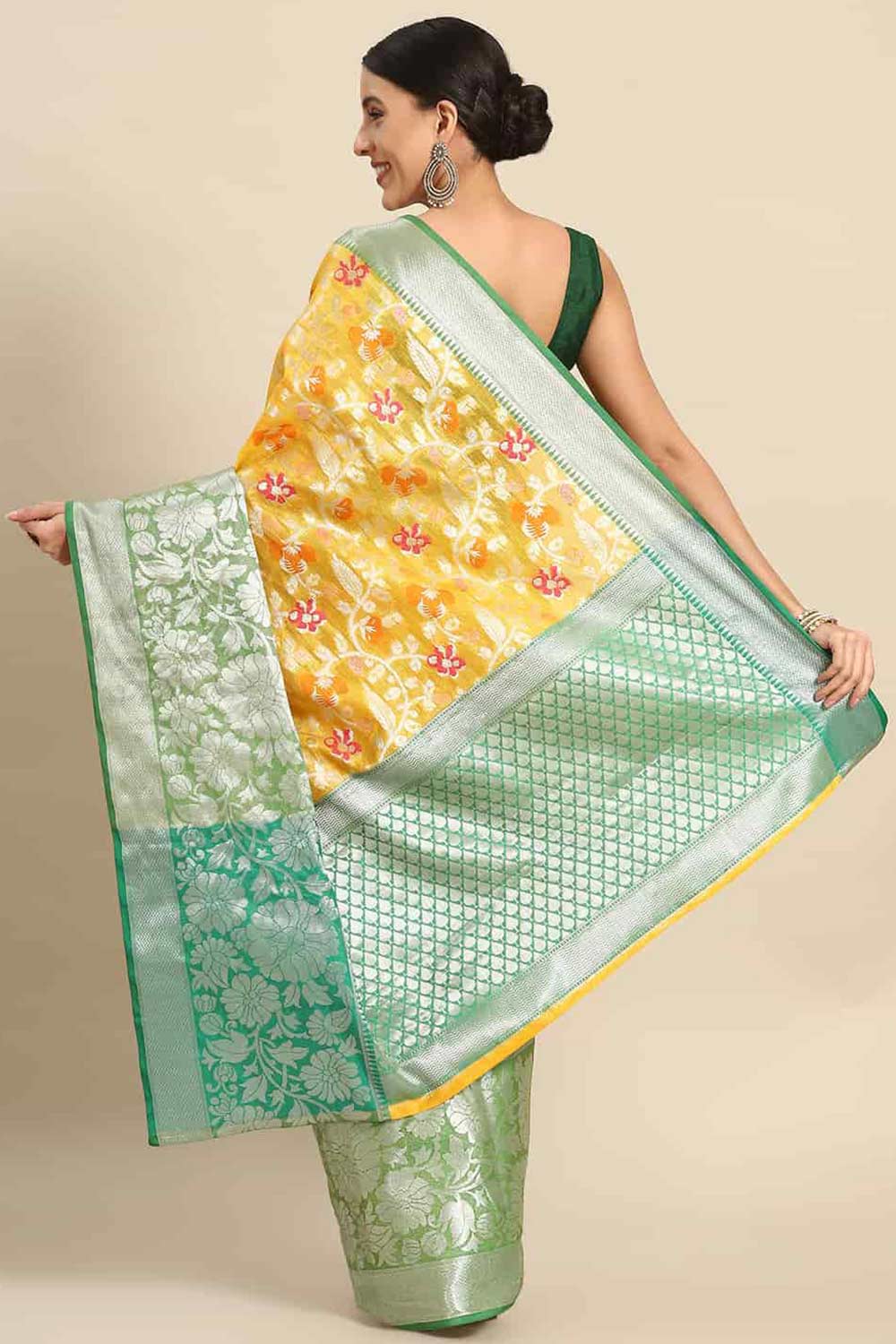 Buy Yellow Art Silk Floral Printed Banarasi Saree Online - Back 