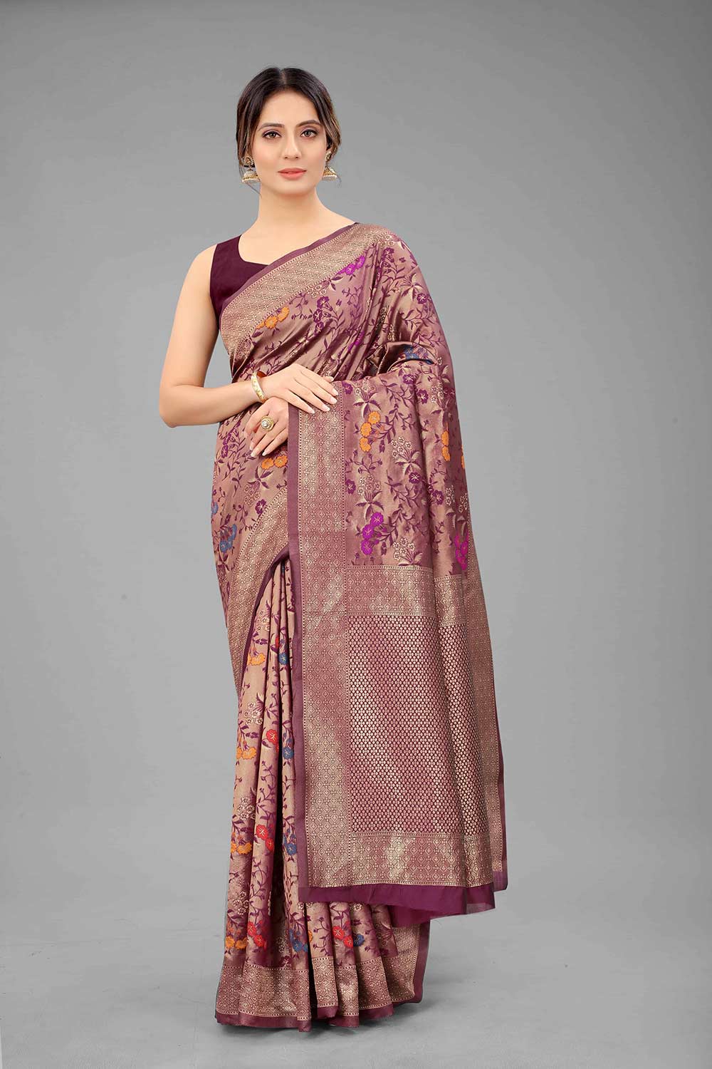 Buy Wine Silk Floral Printed Banarasi One Minute Saree Online 