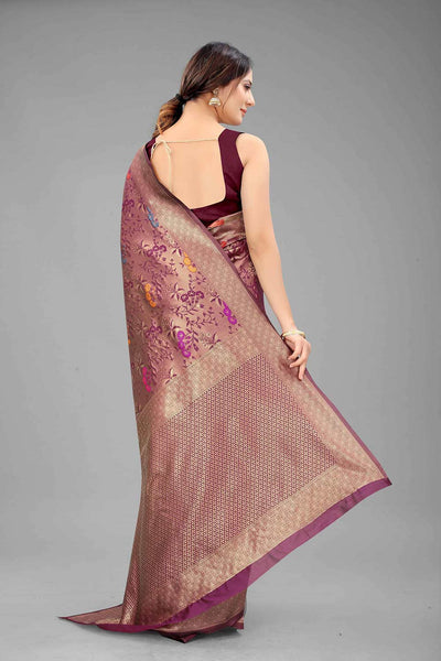 Buy Wine Silk Floral Printed Banarasi Saree Online - Front 