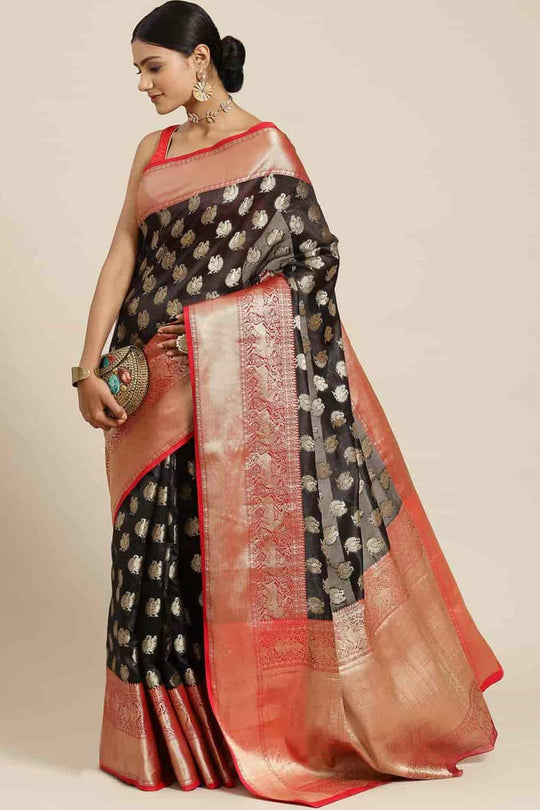 Buy Black Art Silk Animal Printed Banarasi One Minute Saree Online 