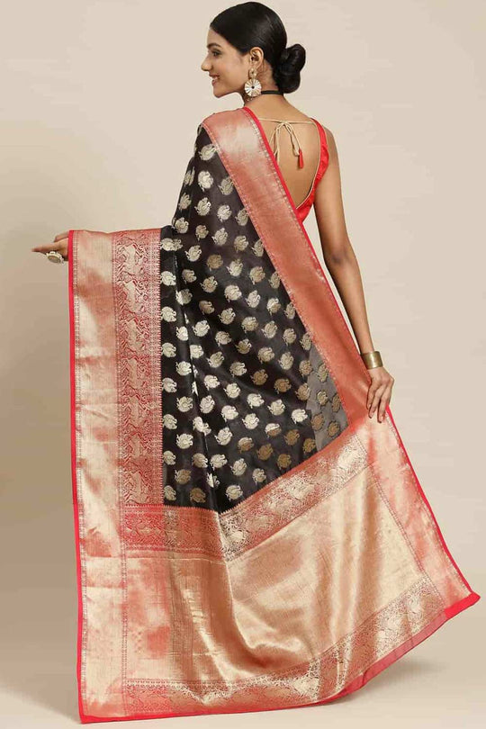 Buy Black Art Silk Animal Printed Banarasi Saree Online - Front 