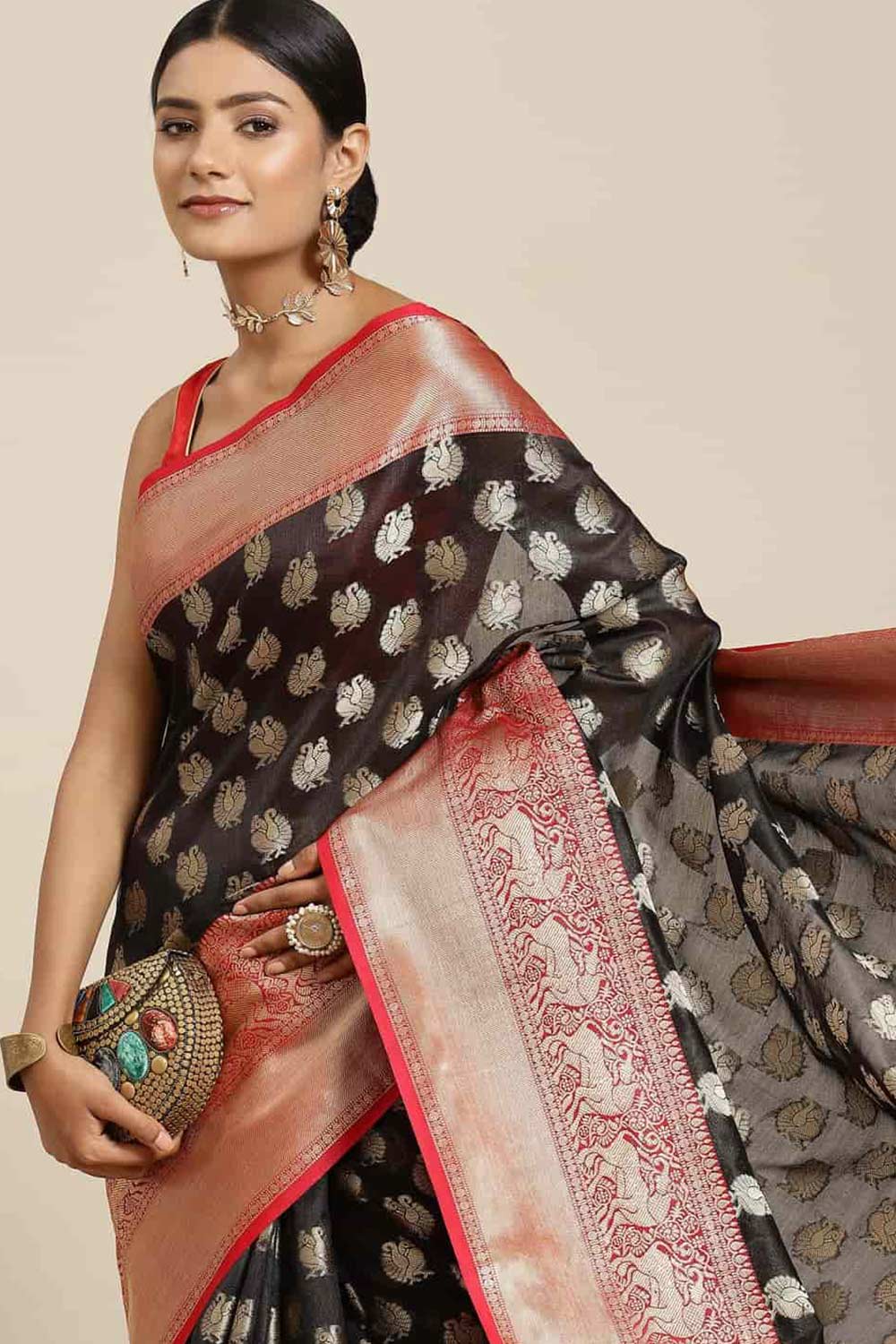 Buy Black Art Silk Animal Printed Banarasi Saree Online - Back 