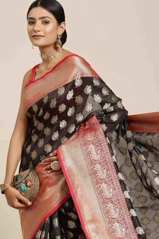 Buy Black Art Silk Animal Printed Banarasi Saree Online - Back 