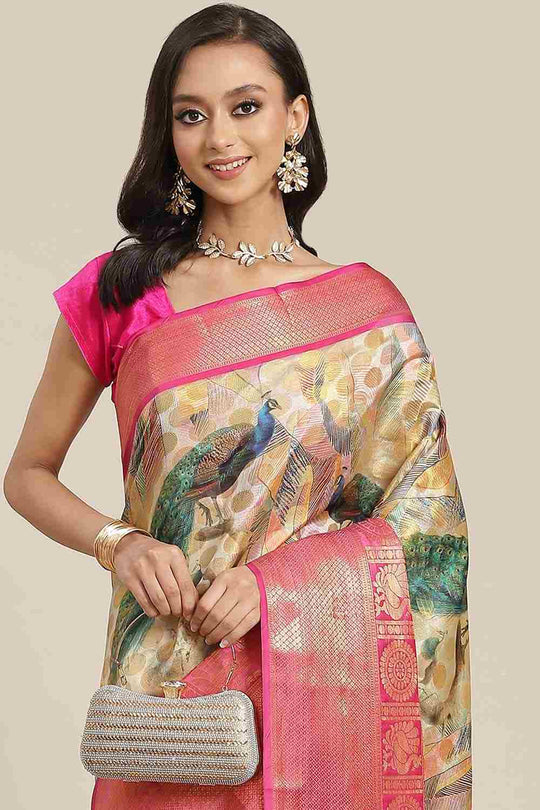 Buy Beige Soft Art Silk Floral Printed Banarasi One Minute Saree Online 