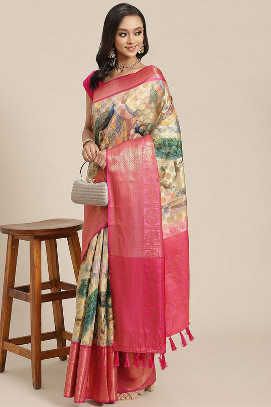 Buy Beige Soft Art Silk Floral Printed Banarasi Saree Online - Front 