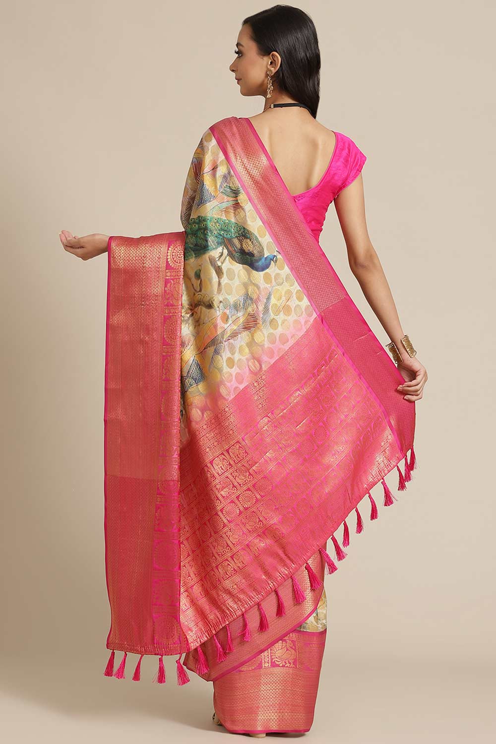 Buy Beige Soft Art Silk Floral Printed Banarasi Saree Online - Back 