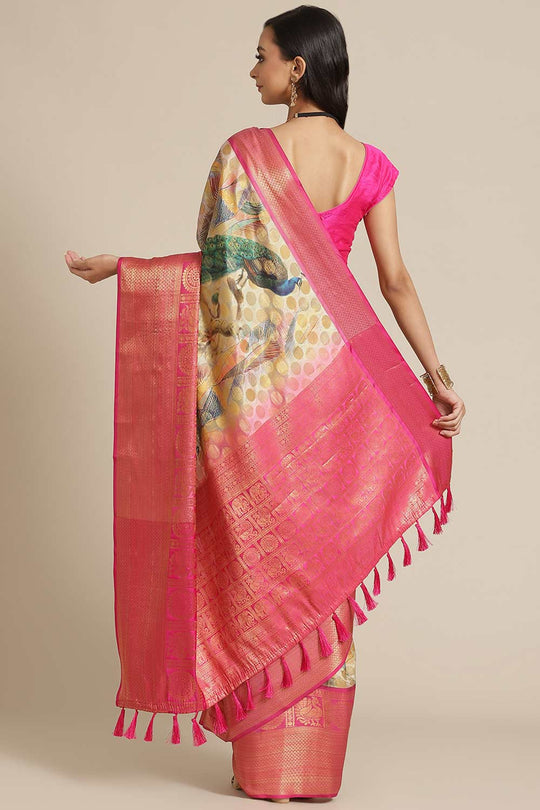 Buy Beige Soft Art Silk Floral Printed Banarasi Saree Online - Back 