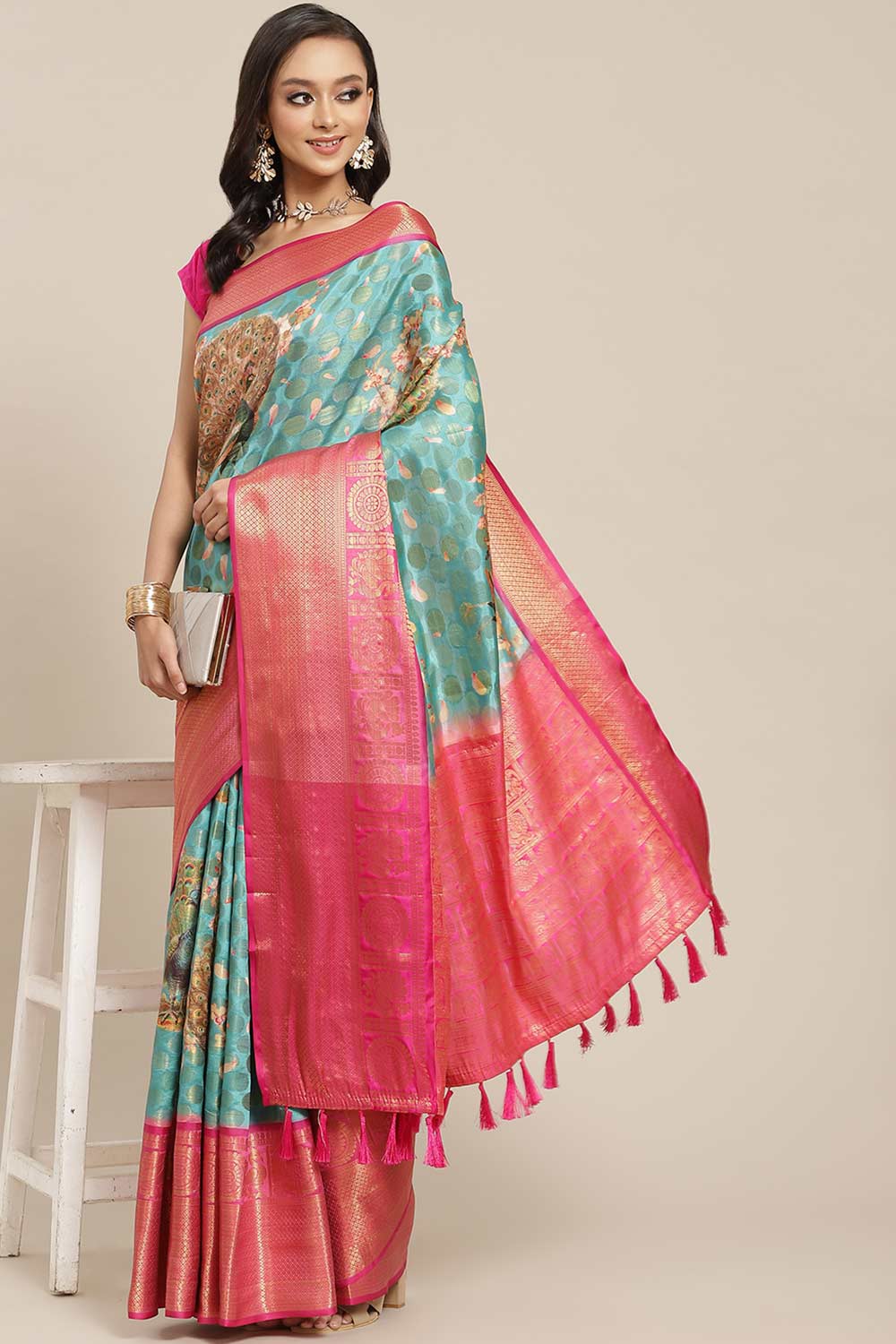 Buy Teal Soft Art Silk Floral Printed Banarasi One Minute Saree Online 
