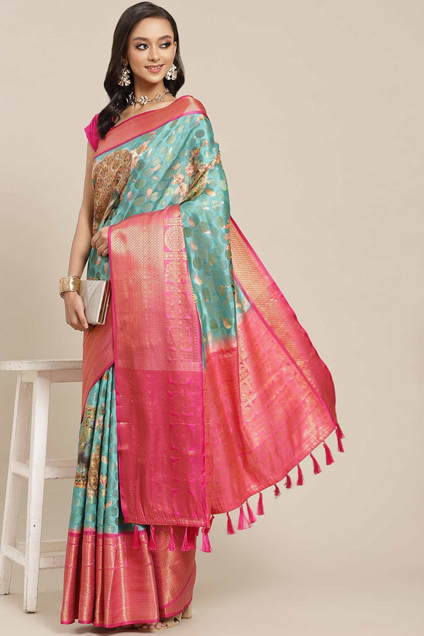Buy Teal Soft Art Silk Floral Printed Banarasi One Minute Saree Online 