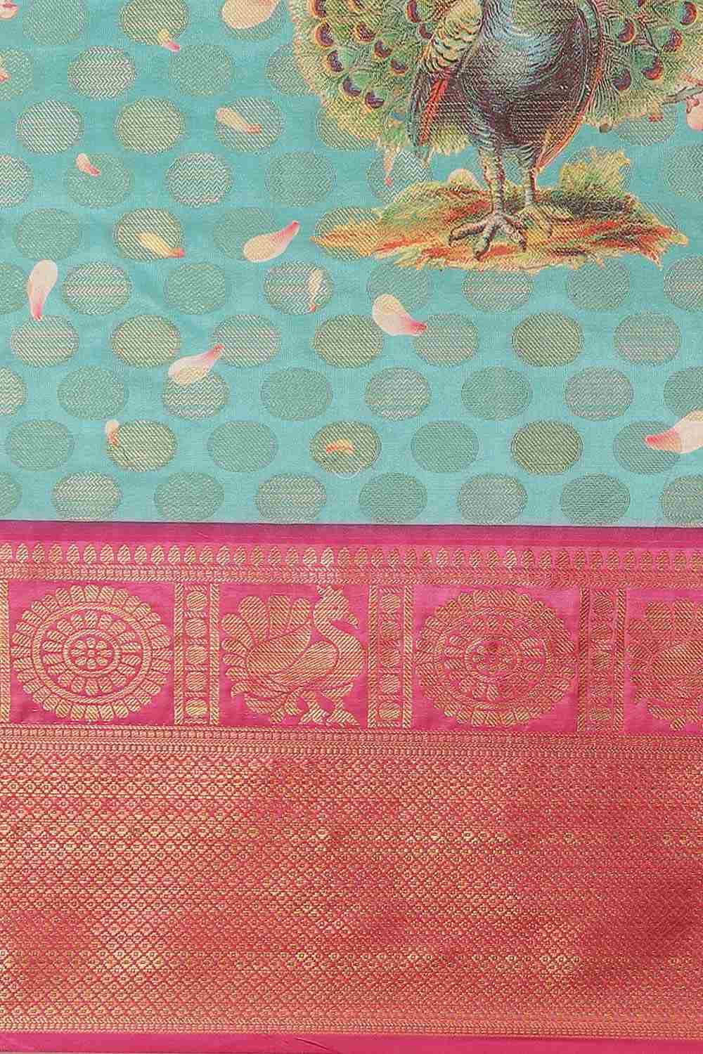 Buy Teal Soft Art Silk Floral Printed Banarasi Saree Online - Back 