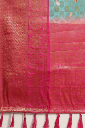 Buy Teal Soft Art Silk Floral Printed Banarasi Saree Online - Zoom In 