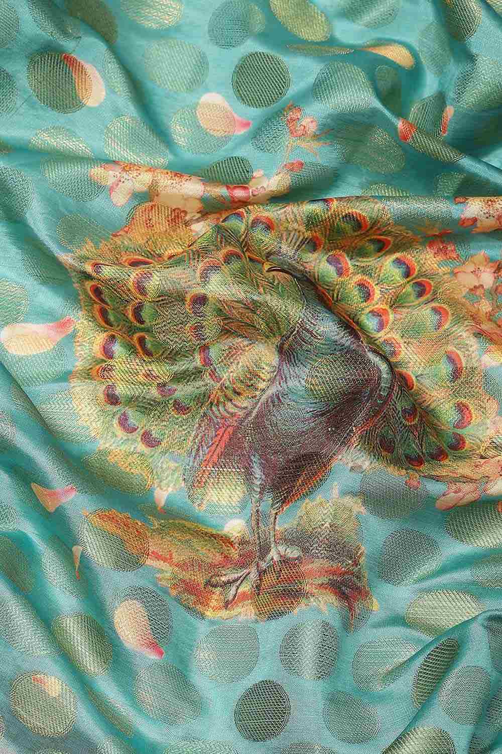 Buy Teal Soft Art Silk Floral Printed Banarasi Saree Online - Zoom Out 