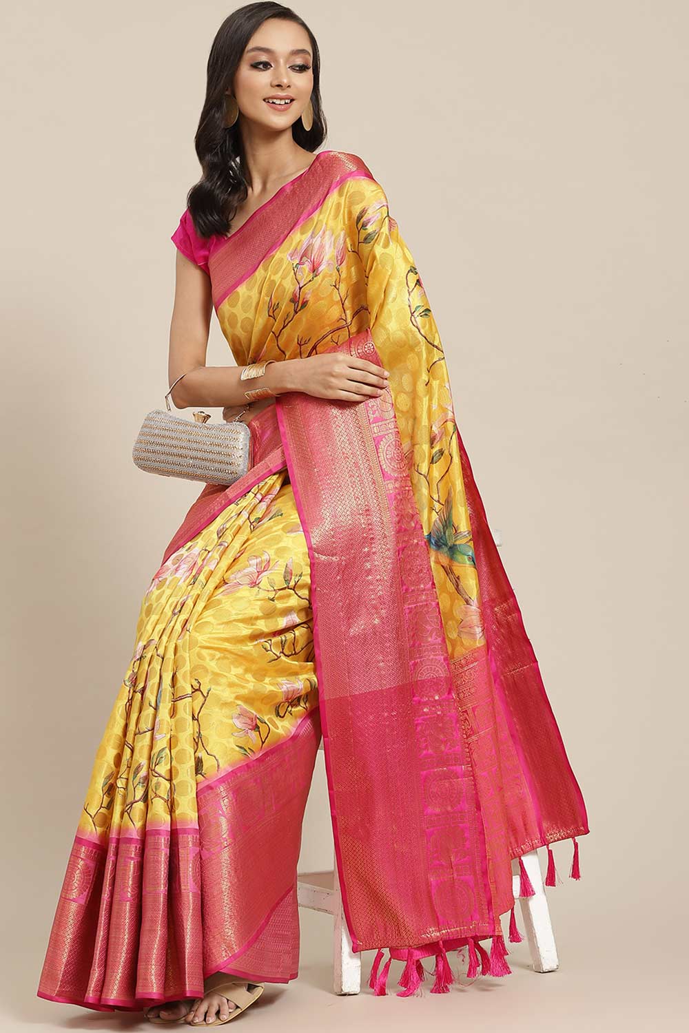Buy Yellow Soft Art Silk Floral Printed Banarasi One Minute Saree Online 
