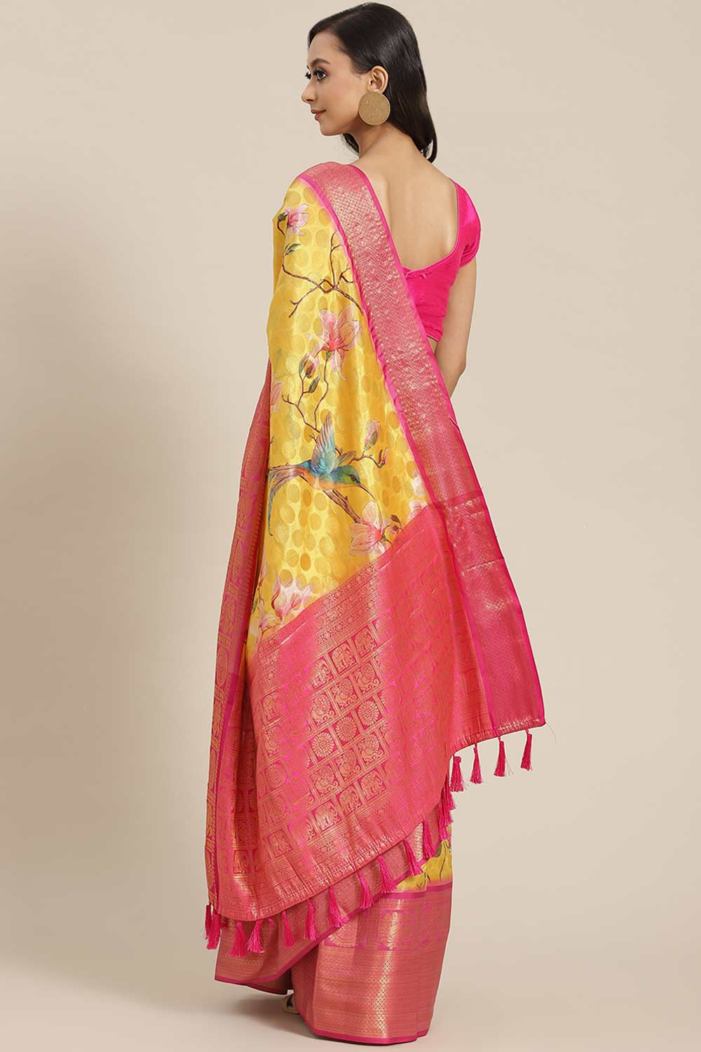 Buy Yellow Soft Art Silk Floral Printed Banarasi One Minute Saree Online 