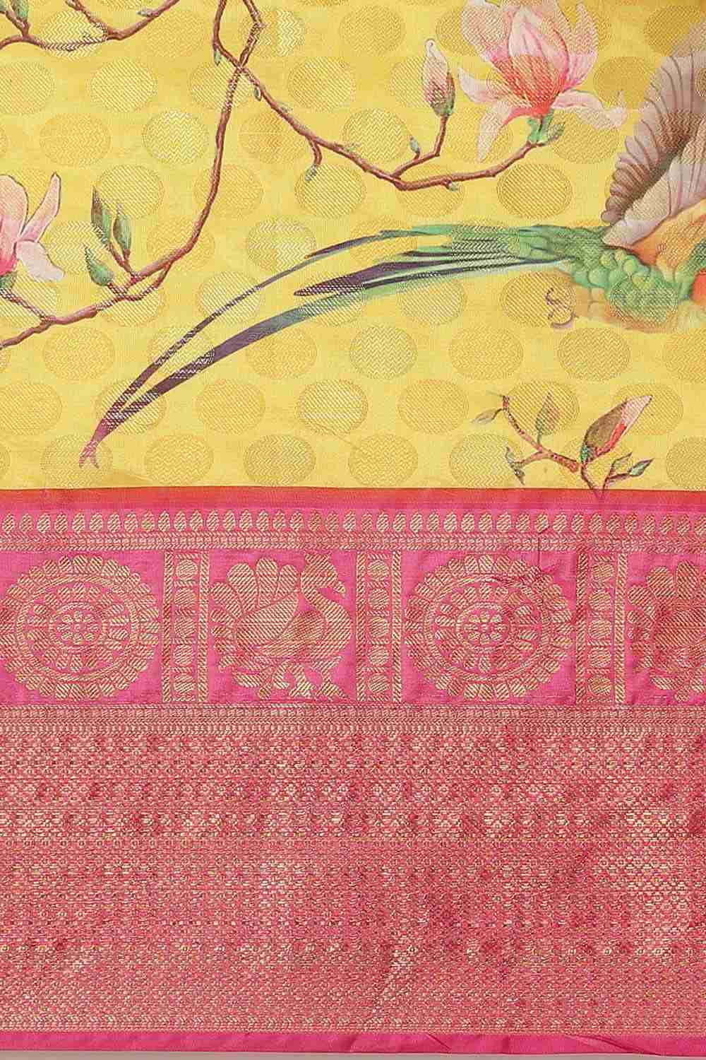 Buy Yellow Soft Art Silk Floral Printed Banarasi Saree Online - Back 