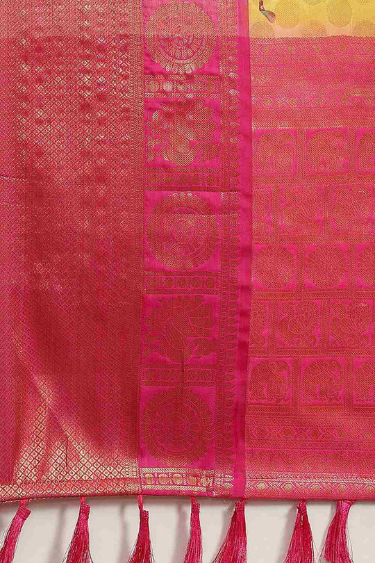 Buy Yellow Soft Art Silk Floral Printed Banarasi Saree Online - Zoom In 