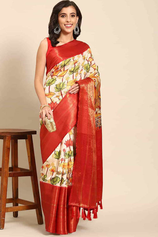 Buy Beige Soft Art Silk Kalamkari Printed One Minute Saree Online 