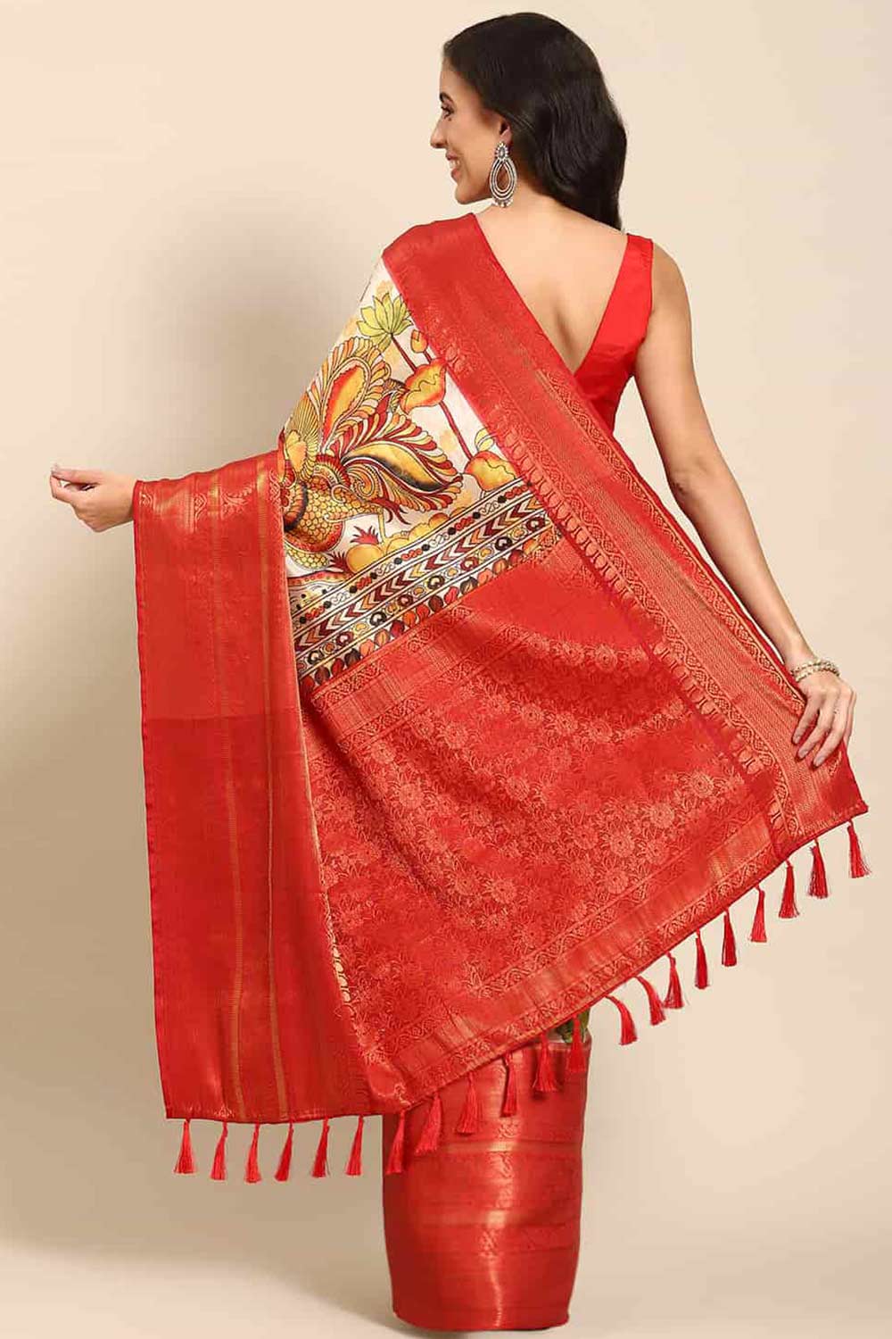 Buy Beige Soft Art Silk Kalamkari Printed Saree Online - Front 