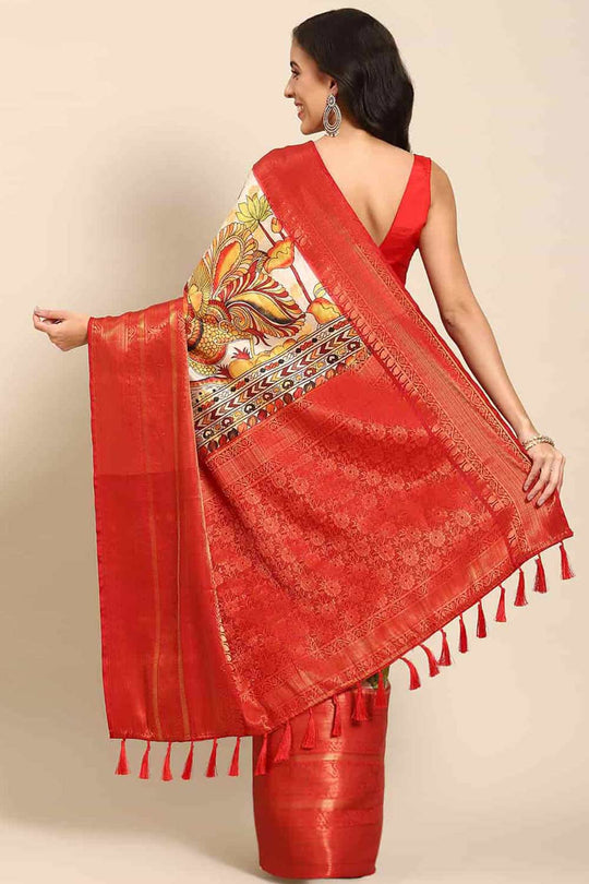 Buy Beige Soft Art Silk Kalamkari Printed Saree Online - Front 