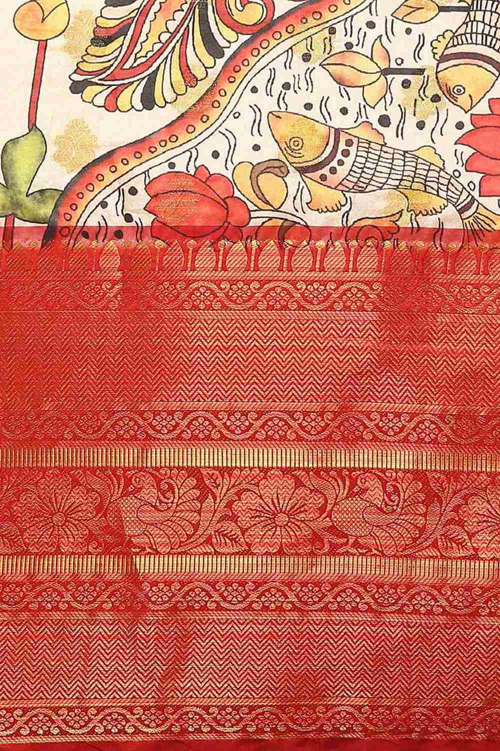 Buy Beige Soft Art Silk Kalamkari Printed Saree Online - Back 