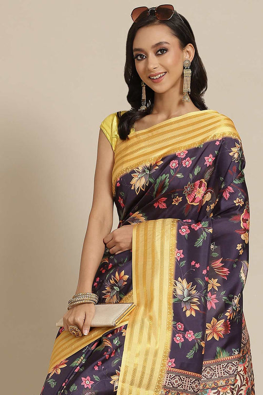 Buy Navy Blue Soft Art Silk Floral Printed Banarasi One Minute Saree Online 