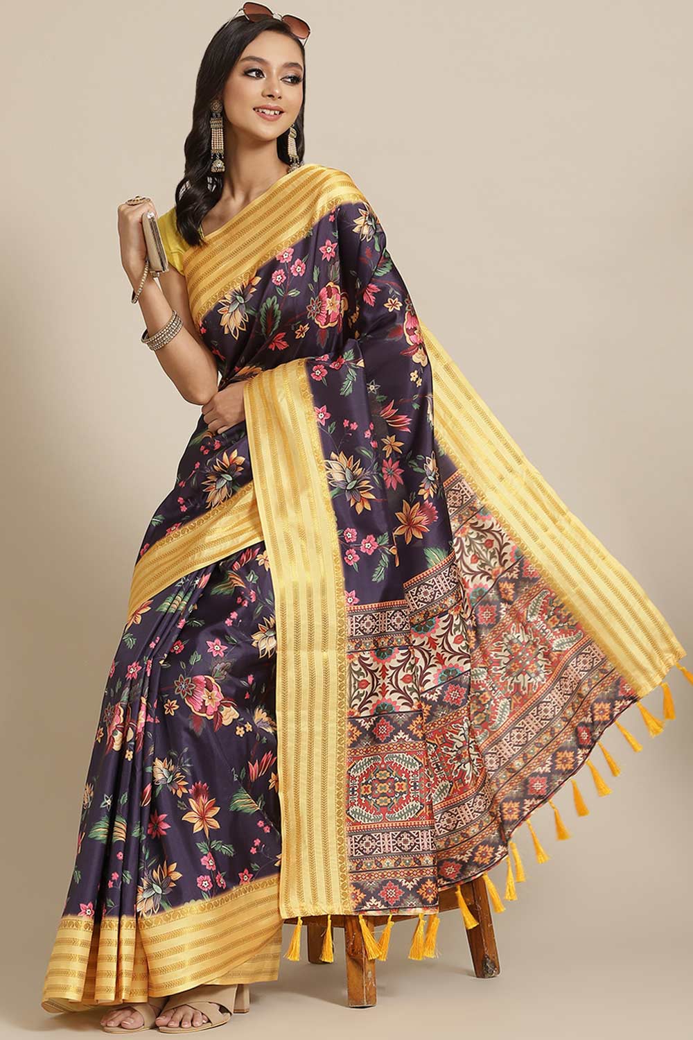 Buy Navy Blue Soft Art Silk Floral Printed Banarasi Saree Online - Front 
