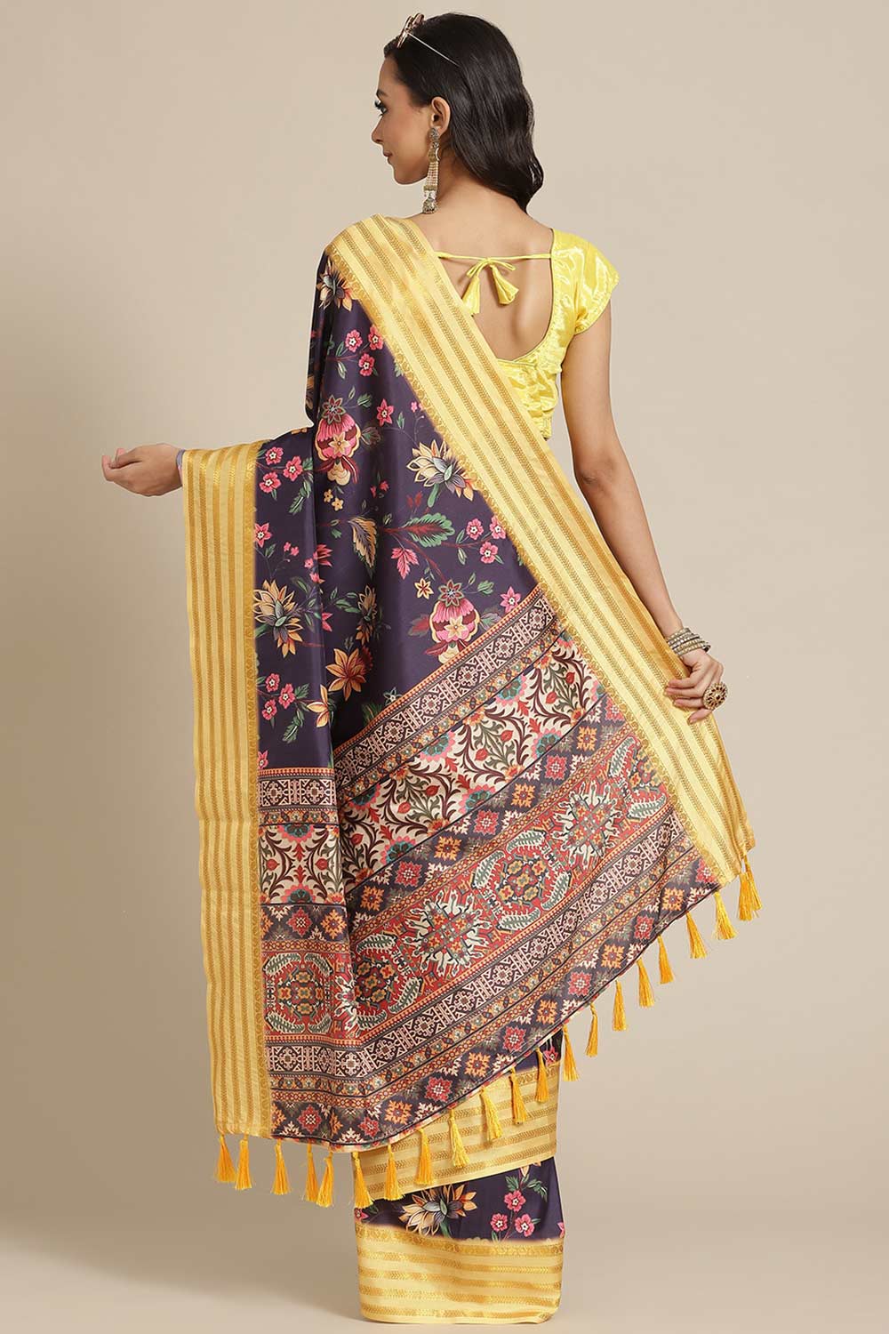 Buy Navy Blue Soft Art Silk Floral Printed Banarasi Saree Online - Back 