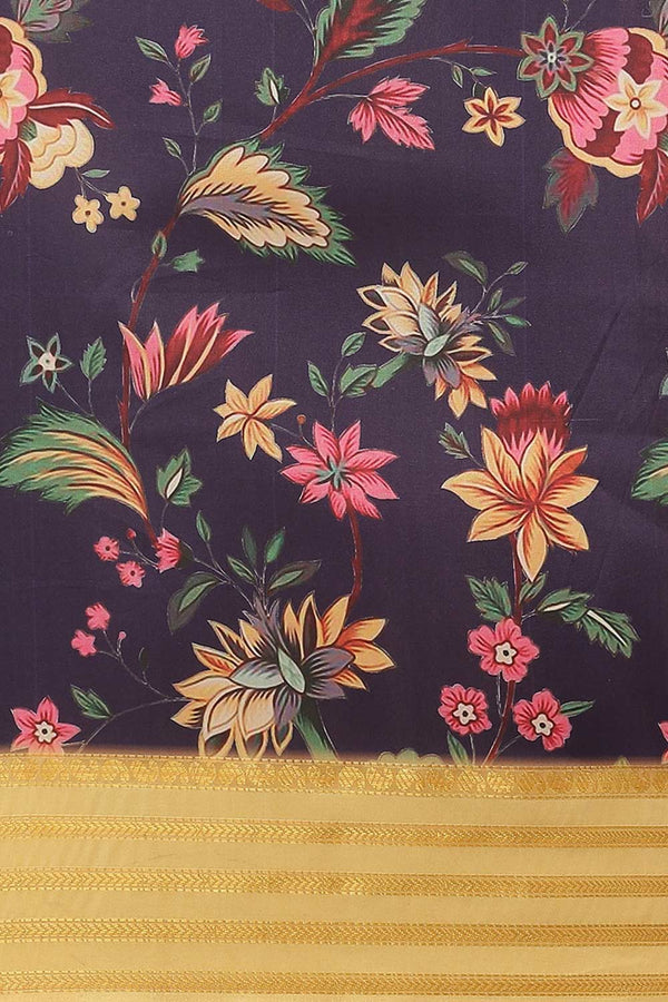 Buy Navy Blue Soft Art Silk Floral Printed Banarasi Saree Online - Zoom In 