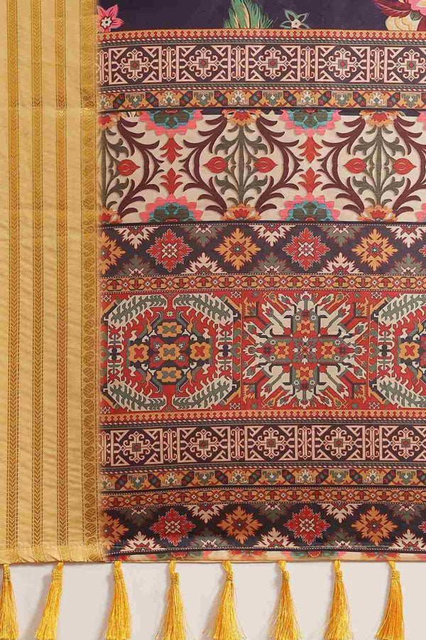 Buy Navy Blue Soft Art Silk Floral Printed Banarasi Saree Online - Zoom Out 