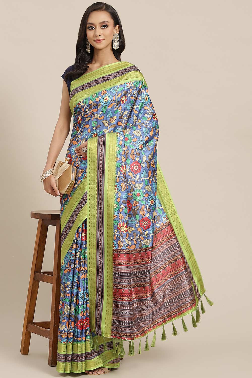Buy Navy Blue Soft Art Silk Floral Printed Banarasi One Minute Saree Online 