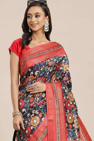 Buy Black Soft Art Silk Floral Printed Banarasi One Minute Saree Online 