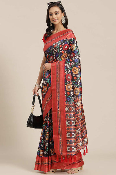 Buy Black Soft Art Silk Floral Printed Banarasi Saree Online - Front 