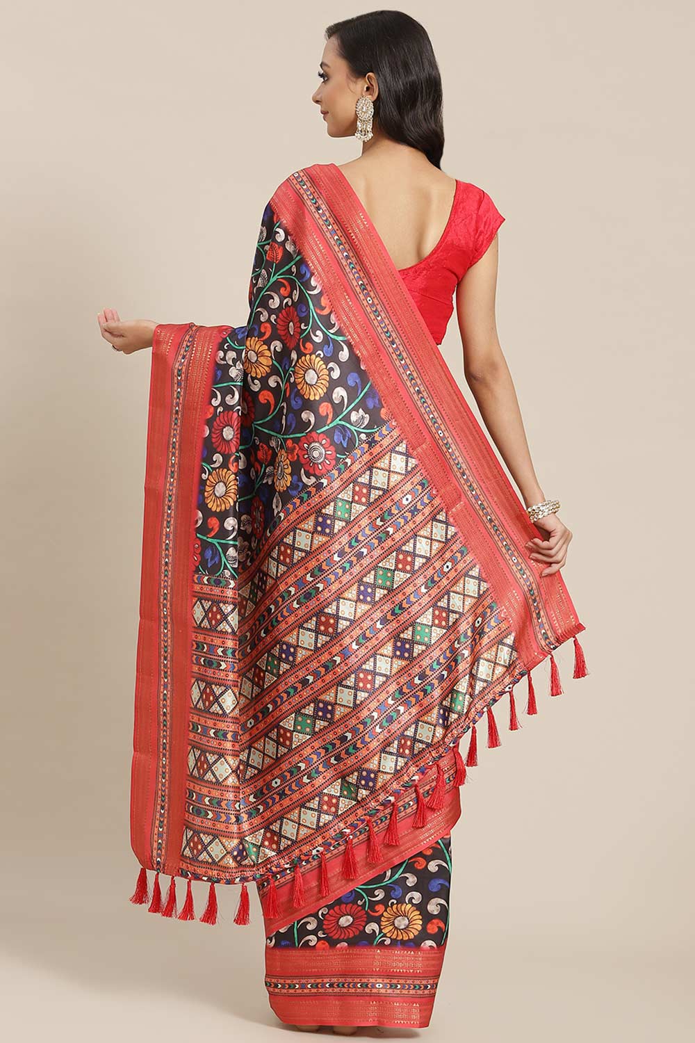 Buy Black Soft Art Silk Floral Printed Banarasi Saree Online - Back 