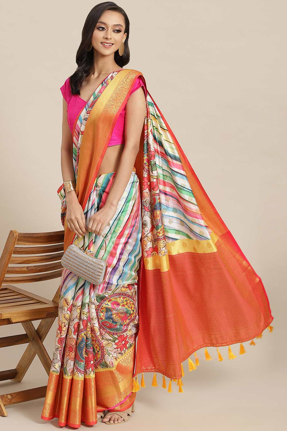 Buy Beige Soft Art Silk Floral Printed Banarasi Saree Online - Front 