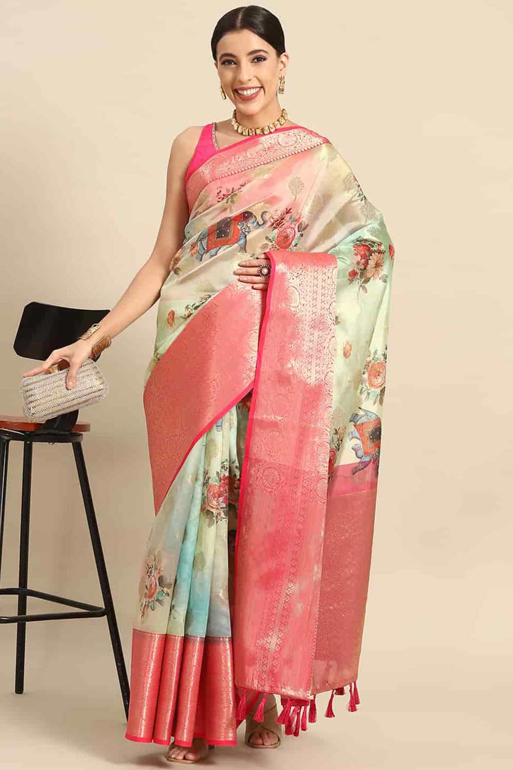 Buy Green Soft Art Silk Floral Printed Banarasi One Minute Saree Online 