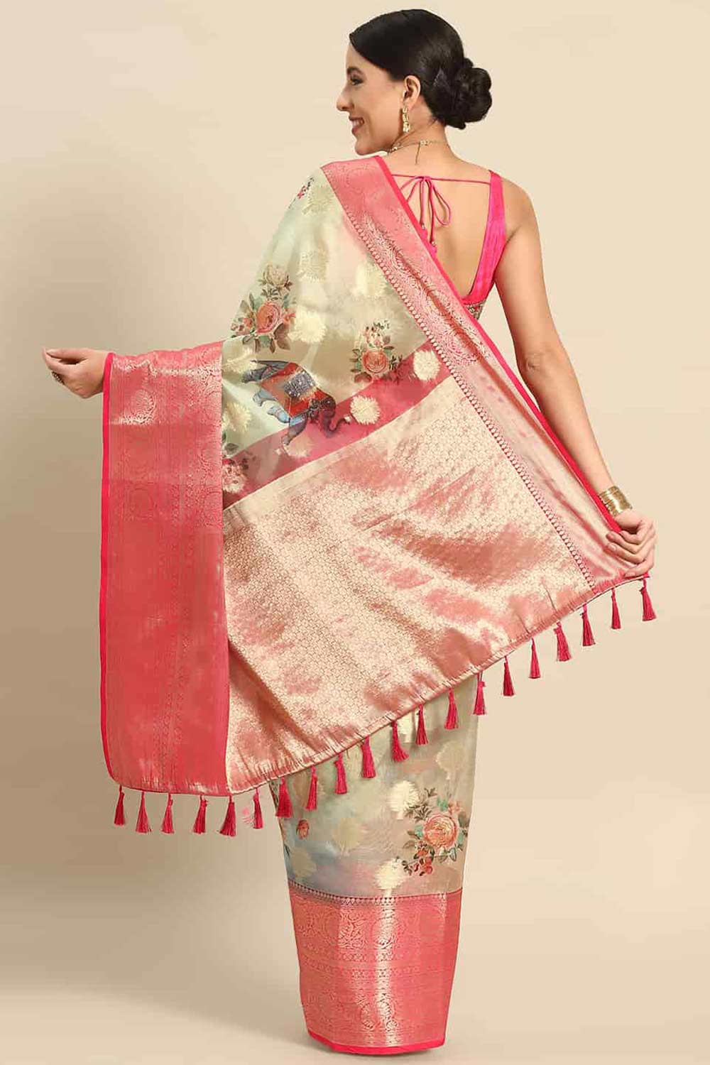 Buy Green Soft Art Silk Floral Printed Banarasi One Minute Saree Online 